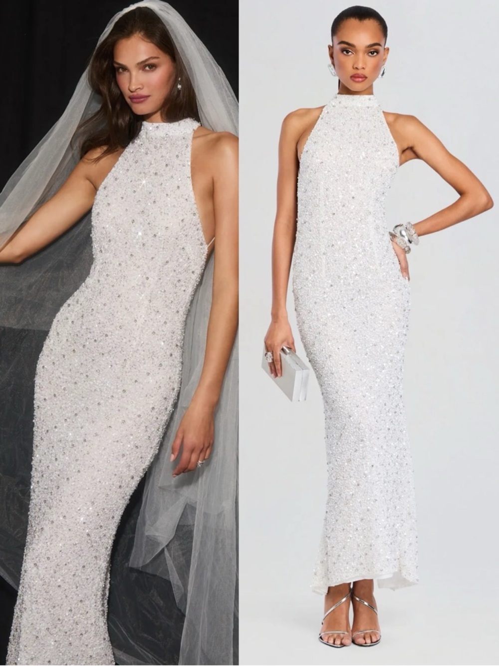 Retrofete Olivia Hand Beaded Sequin Halter Open Back Gown White NEW with tags